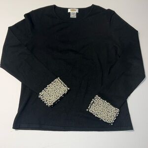 Talbots Black Cashmere Silk Blend With Elegant Pearls On Sleeves Size Medium